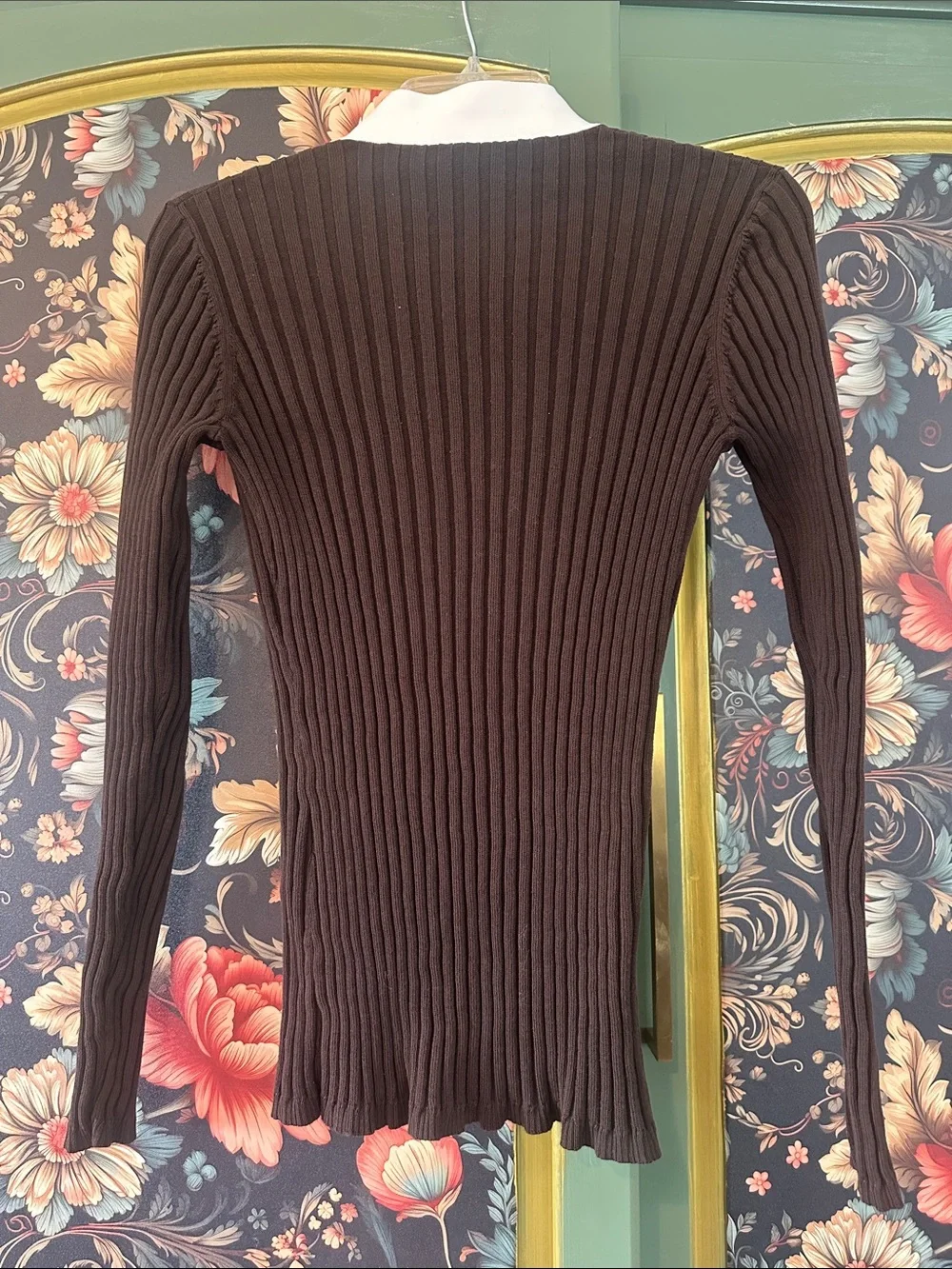 Tory Burch Brown Ribbed Cardigan with White Trim and Logo Buttons